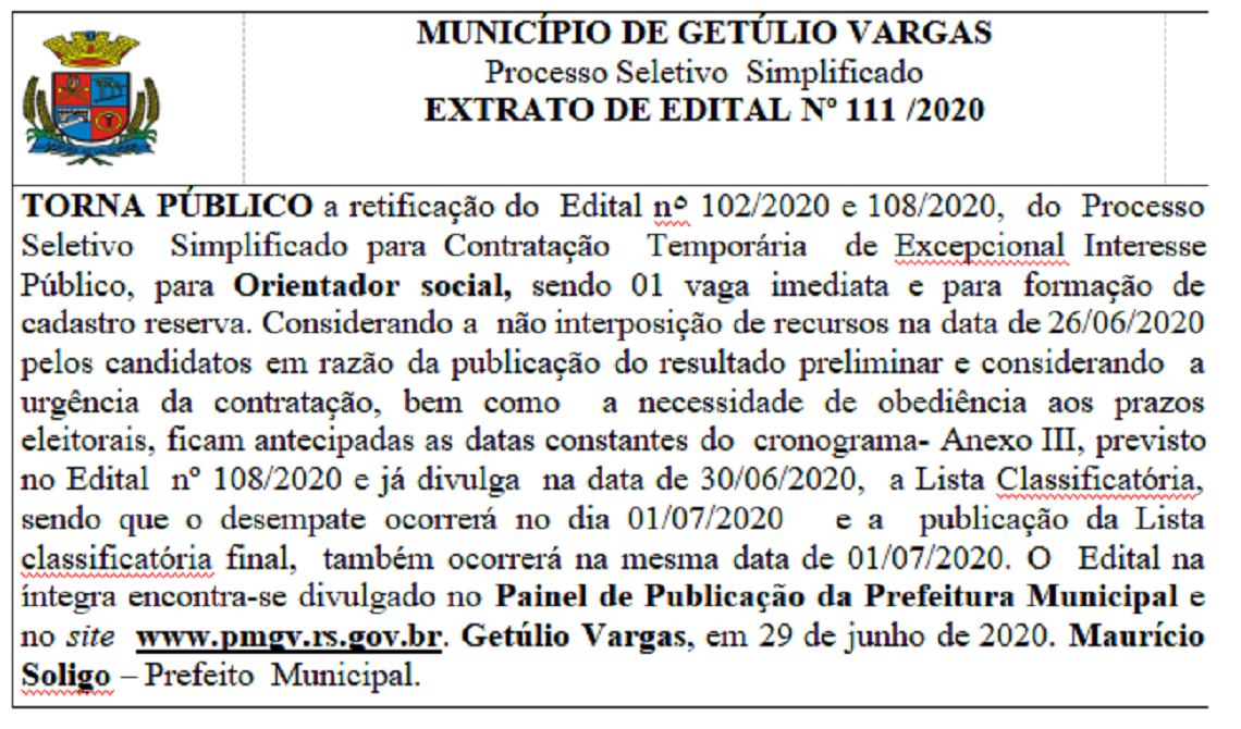 EXTRATO DE EDITAL Nº 111 /2020