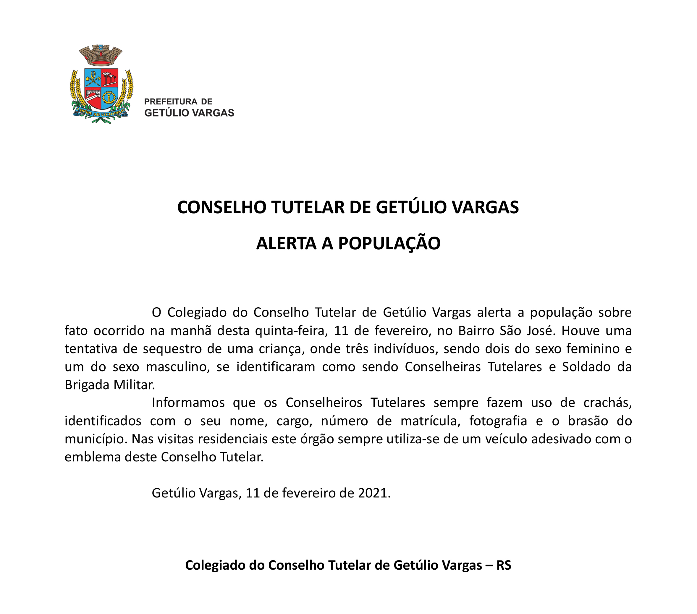 Conselho Tutelar alerta a população - 11.02.2021