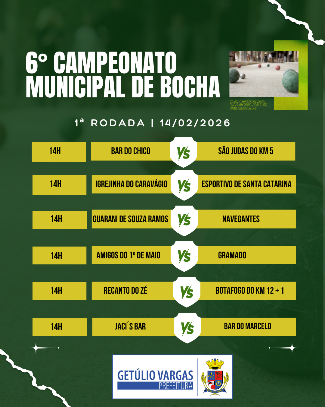 6º Campeonato Municipal de Bocha inicia neste sábado em Getúlio Vargas