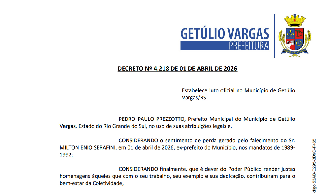 DECRETO 4.218 – Estabelece luto oficial no Município de Getúlio